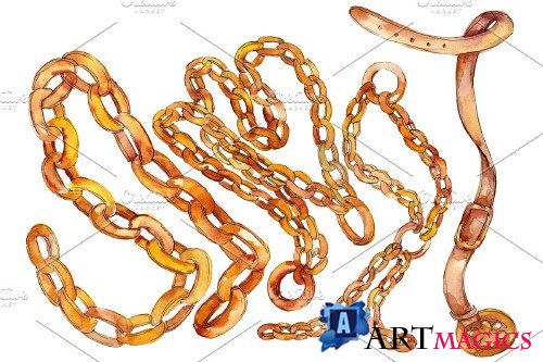 Chains, leather belts Watercolor png - 3639318
