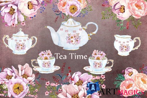 Tea time watercolor floral clipart - 636731