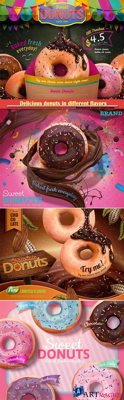 Delicious donuts in different flavors in 3d vector illustration