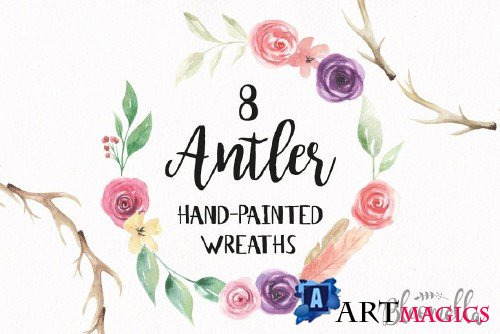 Antler Floral Wreath Watercolor Set - 2435207