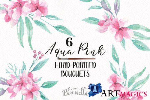 Watercolor Aqua Pink Flower Bouquets - 2639620