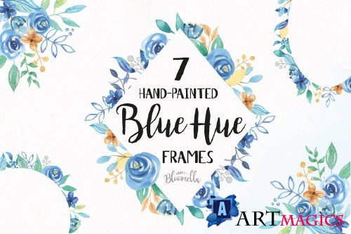 Blue Hue Watercolor Flower Frames - 2639682