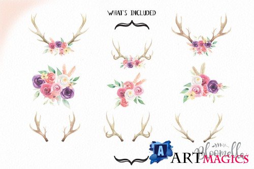 Watercolor Antlers Feather Flowers - 2319632