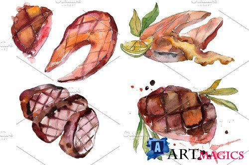 Salmon fish steaks PNG watercolor - 3052743