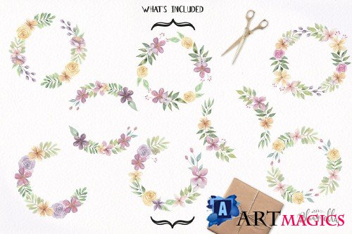 Pretty Floral 8 Wreaths Watercolor - 2705001
