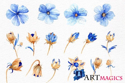 Watercolor blue gold flowers - 583781