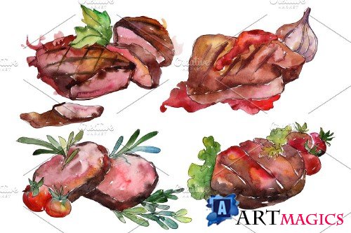 Meat steaks PNG watercolor set - 3058158