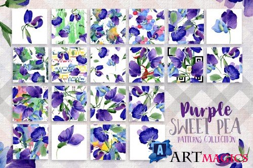 Purple sweet pea PNG watercolor set - 3058487
