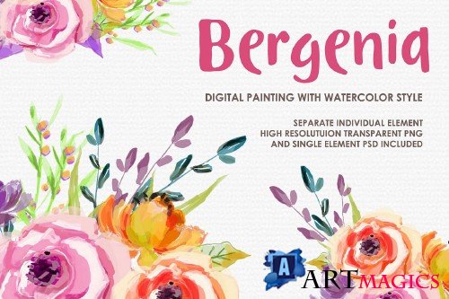 Bergenia - Digital Watercolor Floral Flower Style Clipart - 238933