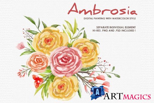 Ambrosia - Digital Watercolor Floral Flower Style Clipart - 238938