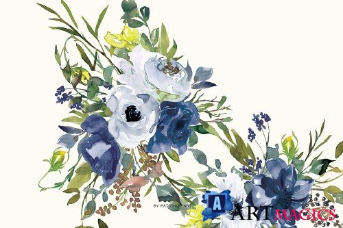 Watercolor Navy & White Flowers - 3659018