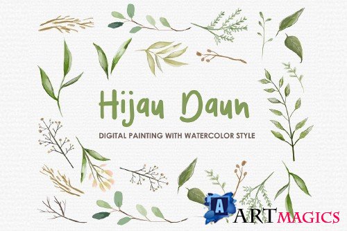 Hijau Daun - Digital Watercolor Floral Flower Style Clipart - 238959