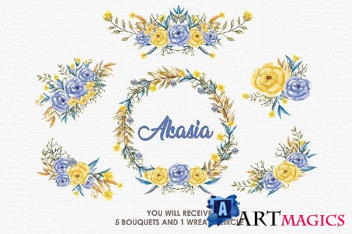 Blue Akasia - Digital Watercolor Floral Flower Style Clipart - 238946