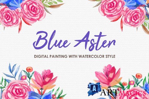 Blue Aster - Digital Watercolor Floral Flower Style Clipart - 238950