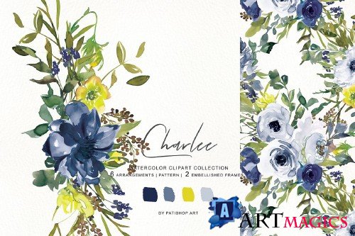 Watercolor Navy & White Flowers - 3659018