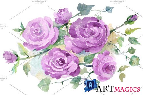 Bouquet with purple roses Watercolor - 3667126