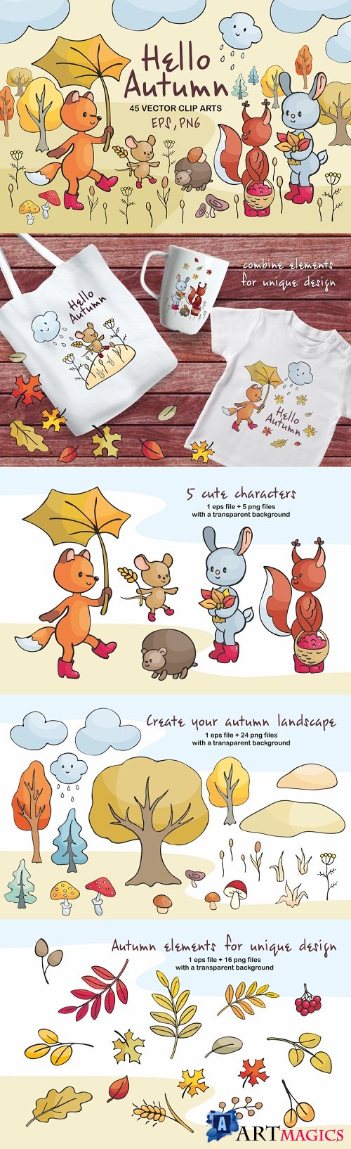 Hello autumn. Forest animals and plants in doodle style - 118945