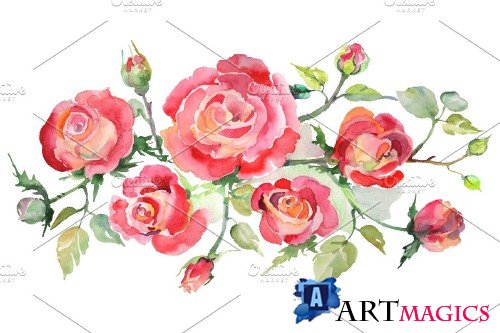 Bouquet with roses red Watercolor - 3667194