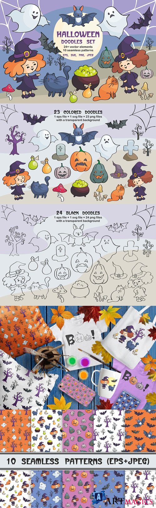 Halloween doodles set. Vector cliparts and seamless patterns - 142000