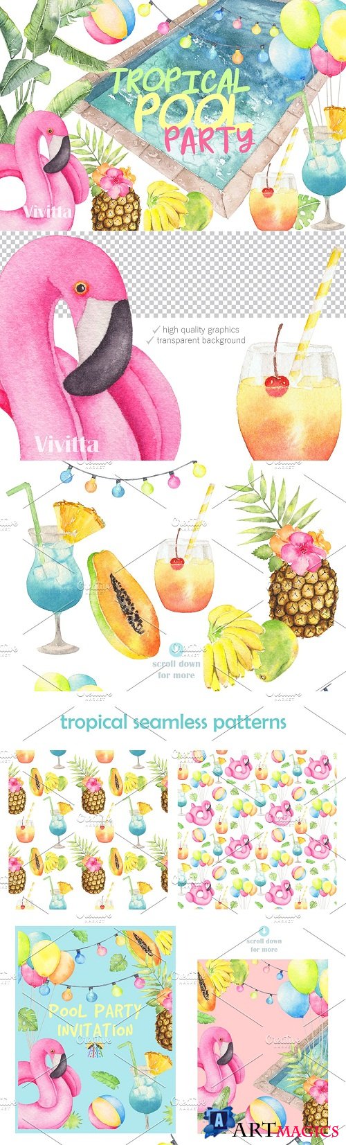 Tropical Pool Party Watercolor set 2624564