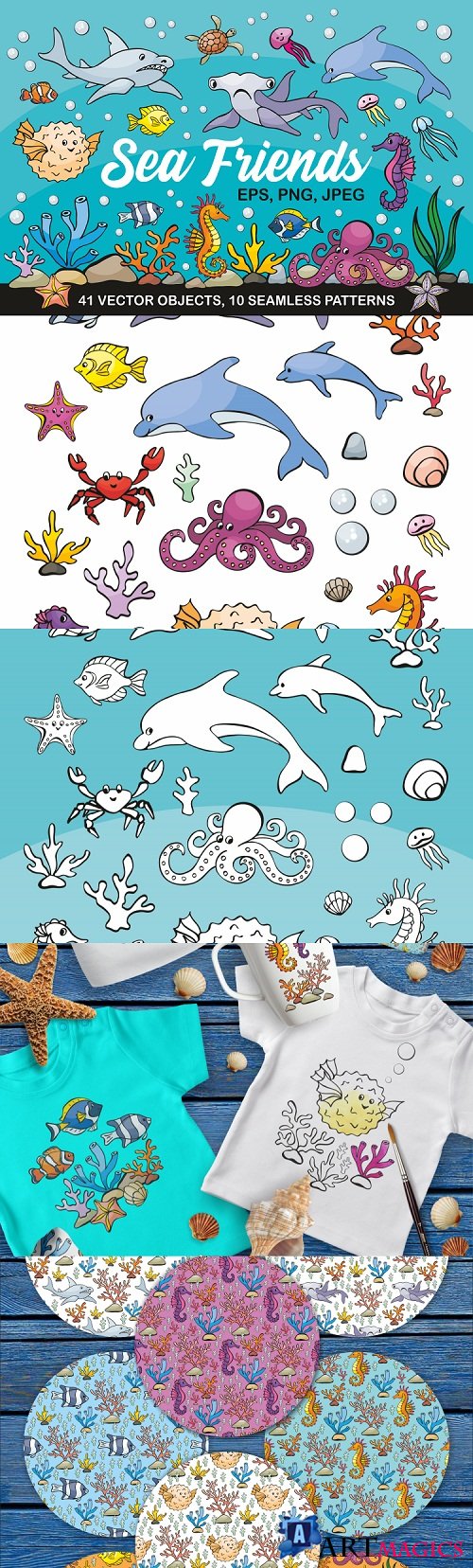 Sea Friends. Vector doodles and seamless patterns - 99246