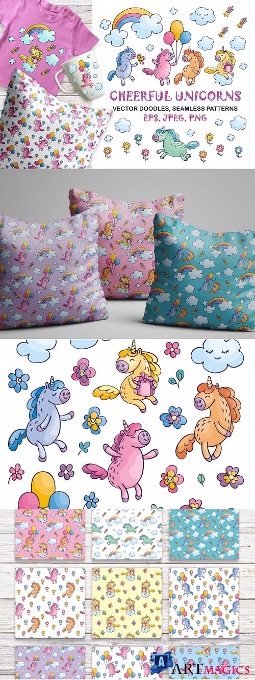 Cheerful unicorns. Vector doodles and seamless patterns - 90481