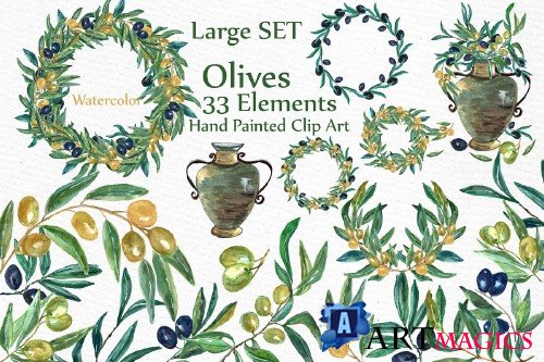Watercolor Olive clip art set - 510259
