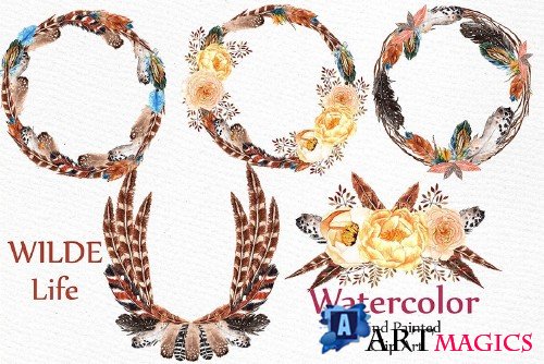 Watercolor feather wreaths clipart - 527758