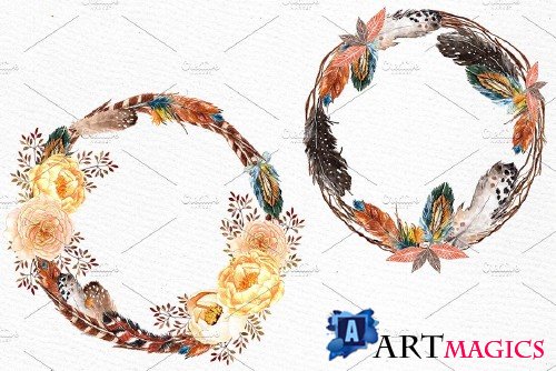 Watercolor feather wreaths clipart - 527758