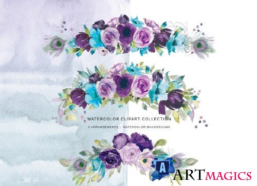 Watercolor Purple Turquoise Florals - 3125681