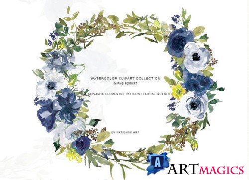 Watercolor Navy White Flower Clipart 3662403