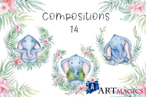 Lovely Elephants Watercolor set - 3664657