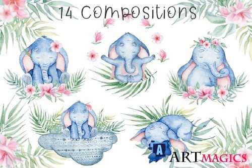 Lovely Elephants Watercolor set - 3664657