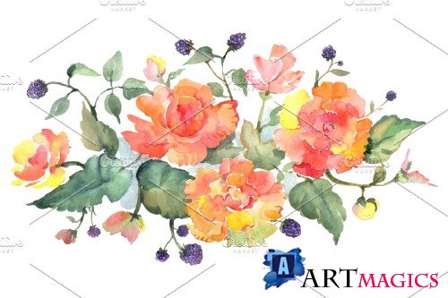 Bouquet with tea roses Watercolor - 3674916