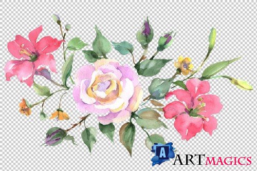 Bouquet with pink rose Watercolor - 3674989