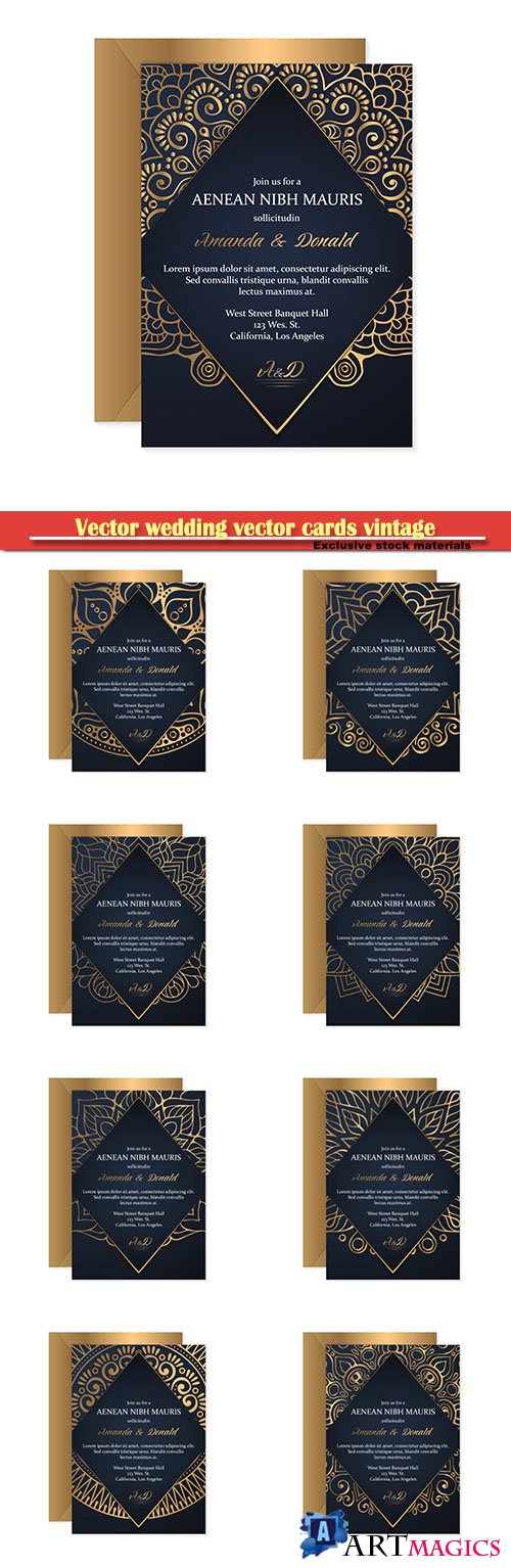 Vector wedding vector cards vintage decorative elements with mandala