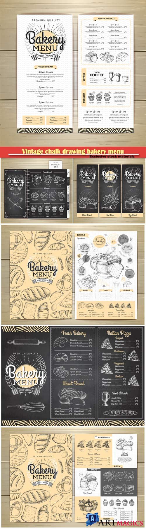 Vintage chalk drawing bakery menu design, restaurant menu