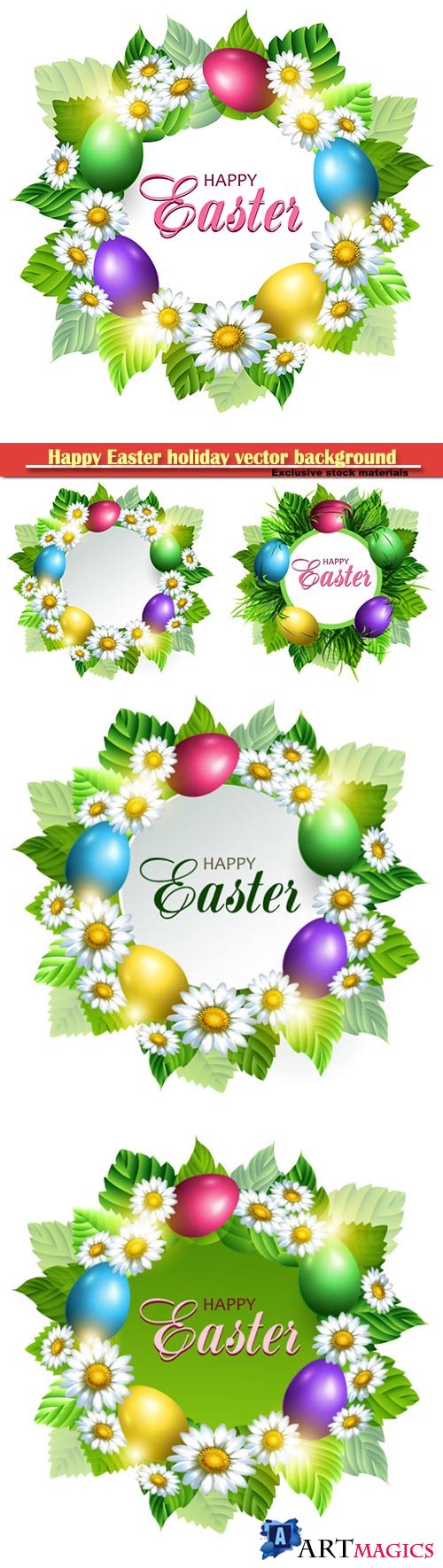 Easter card with eggs and chamomiles, vector spring decorative flowers