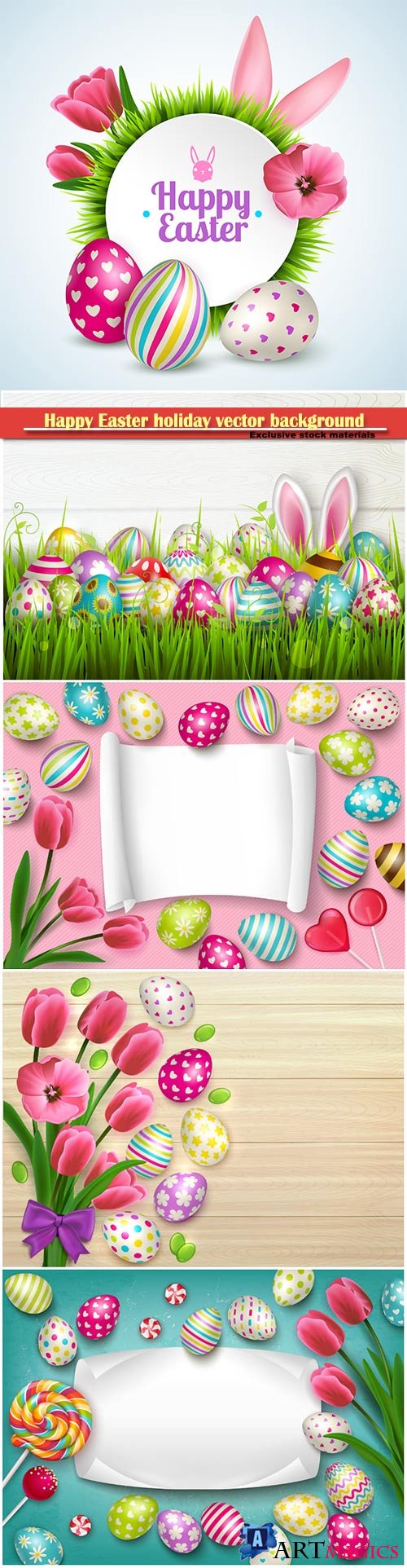 Happy easter composition with eggs rabbit ears and spring flowers vector illustration