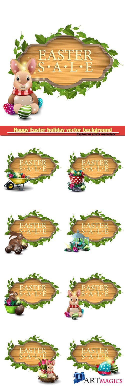 Easter sale vector modern banner in form of wooden board with easter eggs