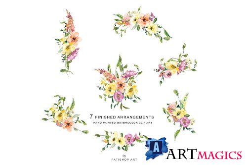 Watercolor Lemon & Peach Flowers Set - 2889914