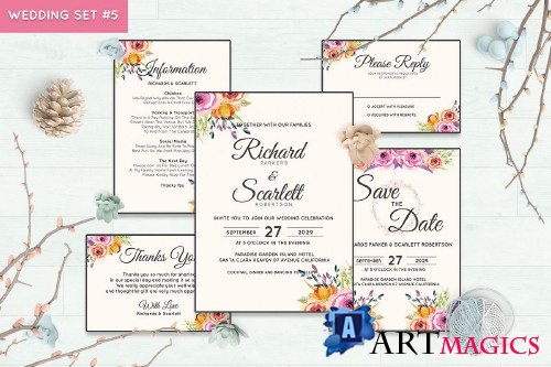 Wedding Invitation Set #5 Watercolor Floral Flower Style - 239682