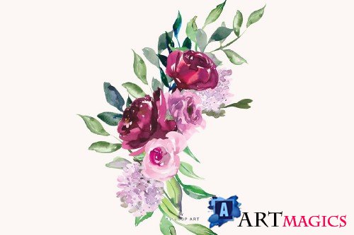 Watercolor Marsala and Pink Flowers - 2744038
