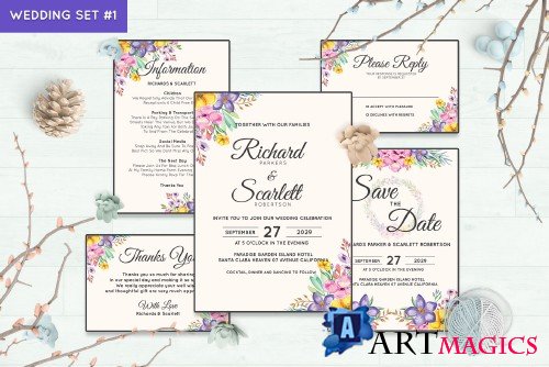 Wedding Invitation Set #1 Watercolor Floral Flower Style - 238459