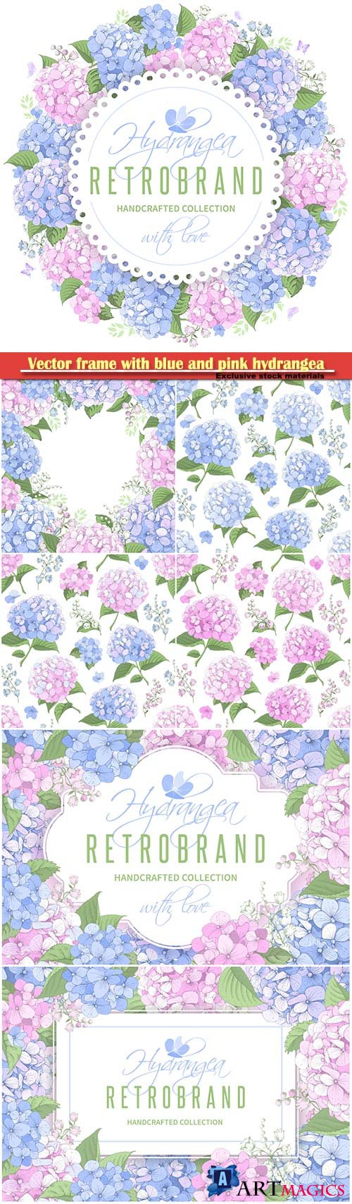 Vector frame with blue and pink hydrangea flowers