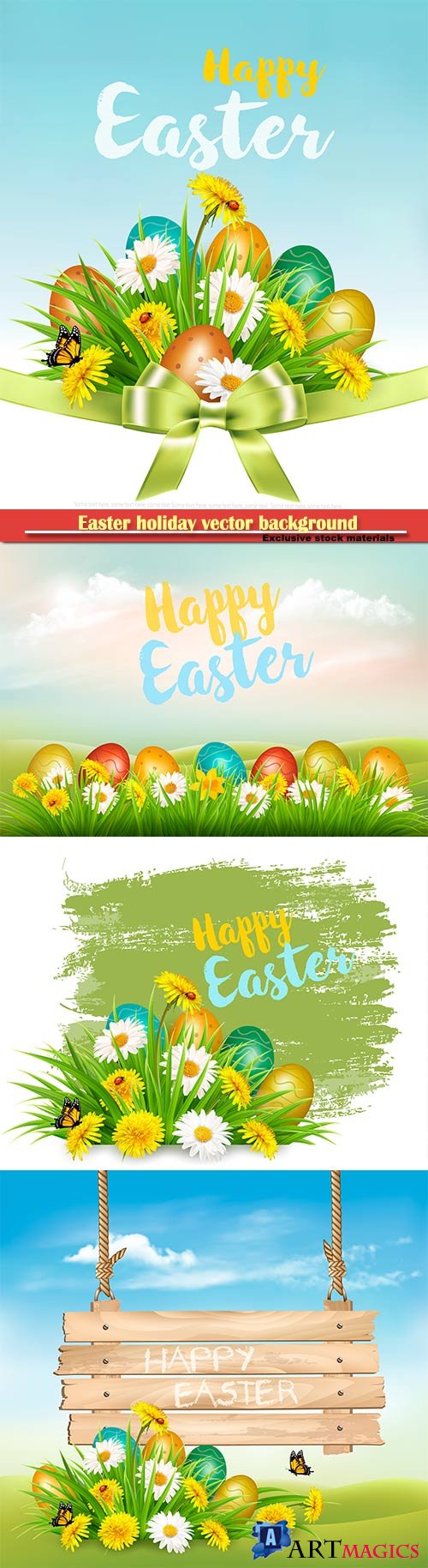 Easter holiday vector background with colofrul eggs in green grass