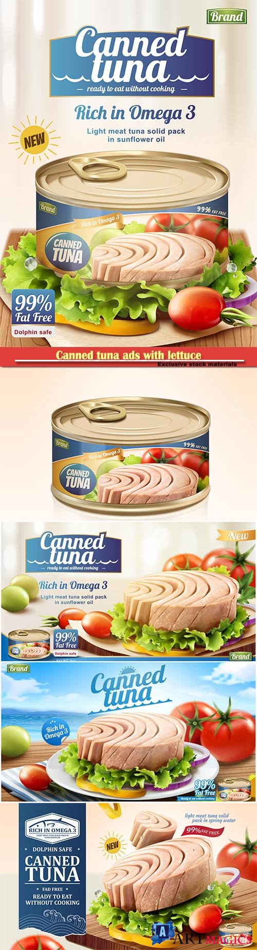 Canned tuna ads with lettuce and tomato in 3d illustration