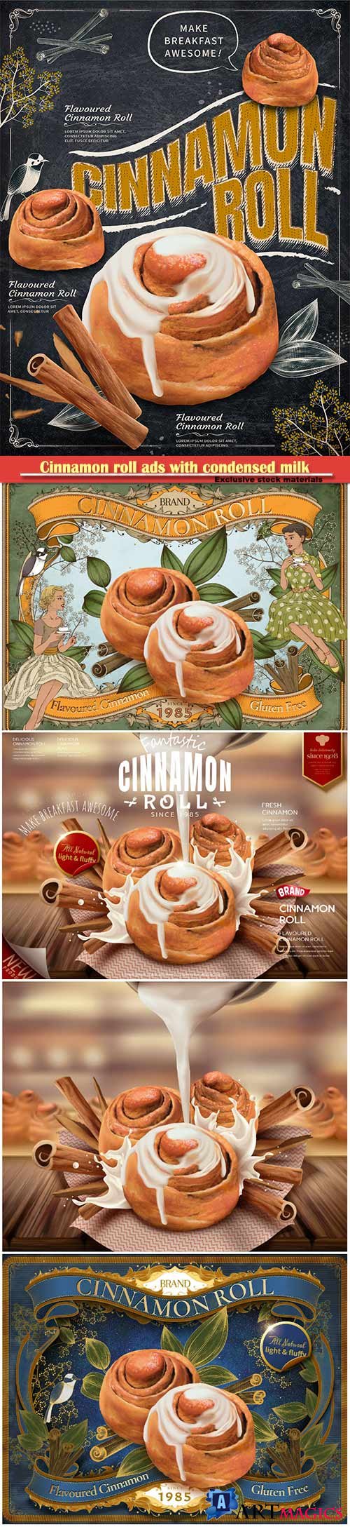 Cinnamon roll ads with condensed milk in 3d vector illustration