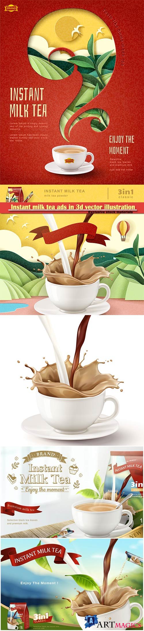 Instant milk tea ads in 3d vector illustration