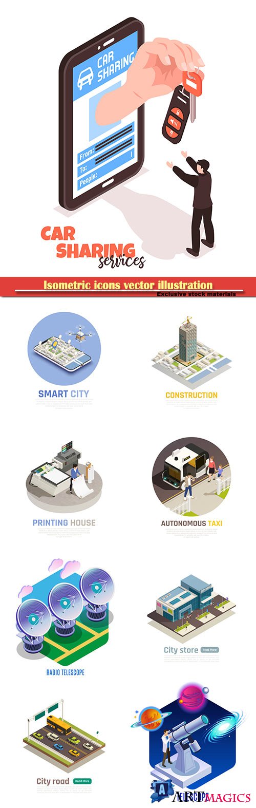 Isometric icons vector illustration, banner design template # 34